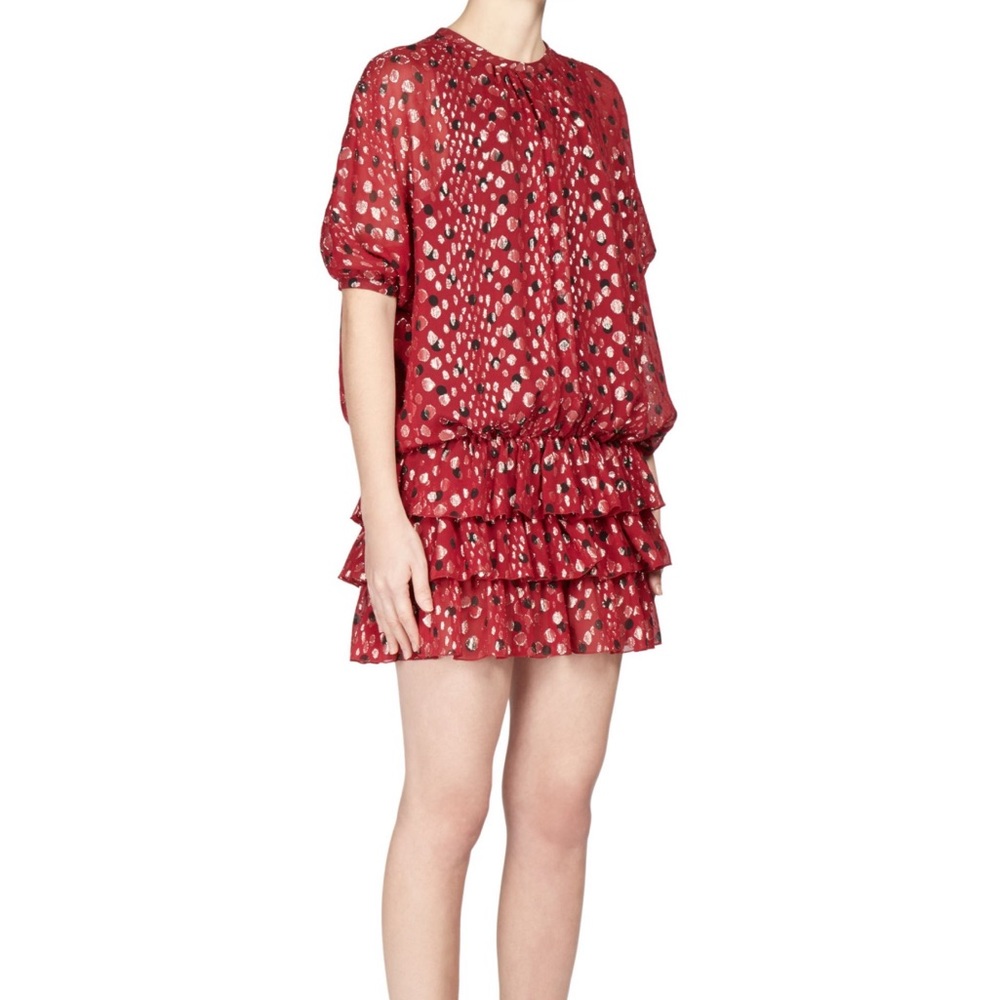 SAINT LAURENT Multi-Dot Tiered Short-Sleeve Metallic Silk Mini Dress- Brand New